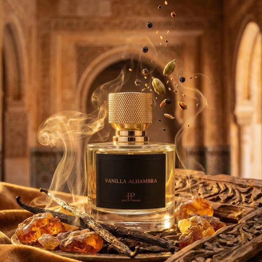 Perfume bottle surroundes by vanilla 