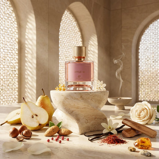 perfume bottle with fruits and spices around representing the notes